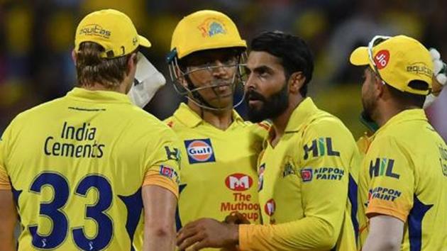 File image of Chennai Super Kings players celebrating after the fall of a wicket.(AFP)