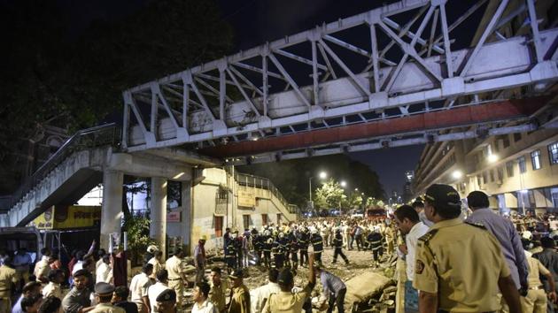 The Himalaya Foot over Bridge leading to CSMT Station collapsed in Mumbai, on March 14, 2019.(Kunal Patil/HT Photo)