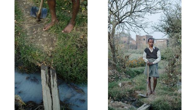 “In our village, most people suffer from stomach illness and body ache,” said Hira Lal (35) from Pevandi in Kanpur district, Uttar Pradesh of the water they drink, pointing to the drain towards the farm, a mix of water from the river Ganga and toxic waste released by neighbouring tanneries --sometimes treated, sometimes not. Locals said that their drinking water is salty and turns yellow when kept for longer durations. (WaterAid / Poshali Goel)