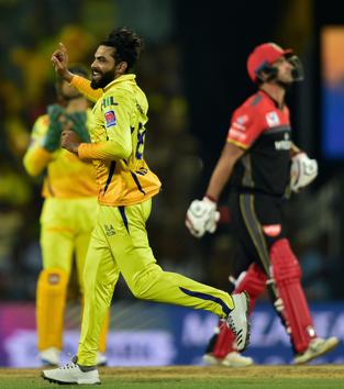 Chennai: Chennai Super Kings' R Jadeja celebrates the wicket of Royal Challengers Bangalore' Colin de Grandhomme. (PTI)