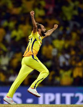 Chennai: Chennai Super Kings' Imran Tahir celebrates the wicket of Royal Challengers Bangalore' Shivam Dube. (PTI)
