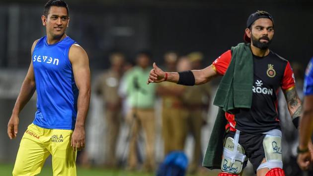 Skippers of Chennai Super Kings (CSK) MS Dhoni and Royal Challengers Bangalore (RCB) Virat Kohli at a practice session.(PTI)