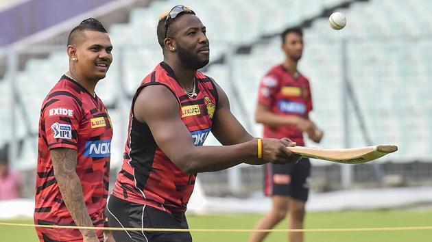 KKR cricketers Andre Russell and Sunil Narine during a training session ahead of IPL 2019.(PTI)