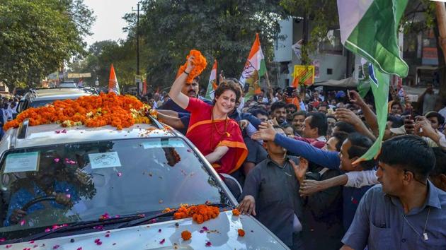 Congress General Secretary UP-East Priyanka Gandhi Vadra during a road show ahead of the upcoming Lok Sabha elections, in Mirzapur district, Uttar Pradesh. (PTI) 