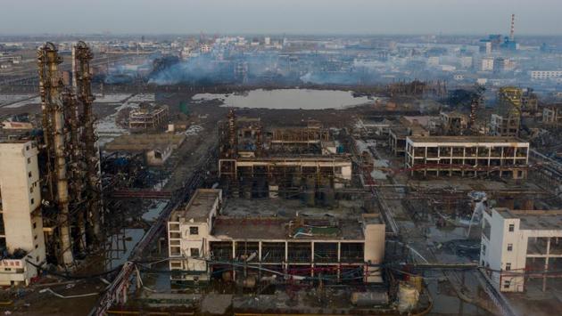 Damaged buildings are seen on the site following an explosion at a pesticide plant owned by Tianjiayi Chemical, in Xiangshui county, Yancheng, Jiangsu province, China. (Caixin Media via REUTERS) Damaged buildings are seen on the site following an explosion at a pesticide plant owned by Tianjiayi Chemical, in Xiangshui county, Yancheng, Jiangsu province, China. (Caixin Media via REUTERS)