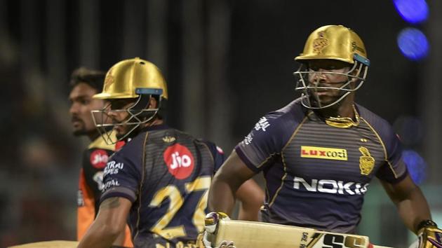Kolkata Knight Riders Nitish Rana and Andre Russell run between the wickets during IPL match against Sunrisers Hyderabad. (PTI)