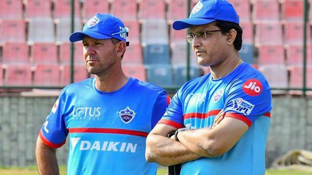 Delhi Capitals Head Coach Ricky Ponting and Advisor Sourav Ganguly at the Feroz Shah Kotla Ground.(PTI)
