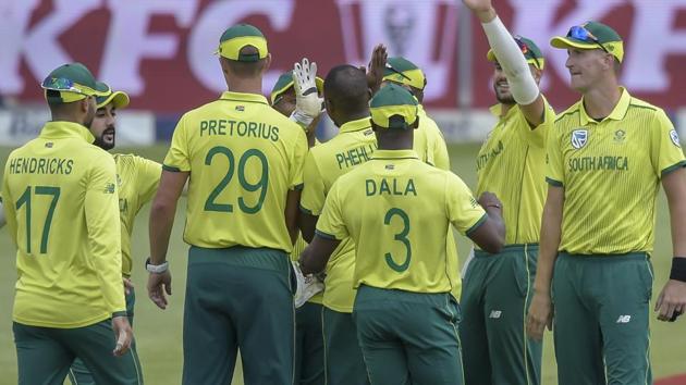 South Africa's Andile Phehlukwayo celebrating with his team mates after getting a wicket during the T20I match between South Africa and Sri Lanka. (AP) South Africa's Andile Phehlukwayo celebrating with his team mates after getting a wicket during the T20I match between South Africa and Sri Lanka. (AP)