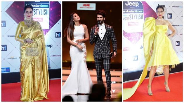 Rekha, Shahid and Mira Kapoor, and Sonam Kapoor at HT India’s Most Stylish Awards.(HT Photo)