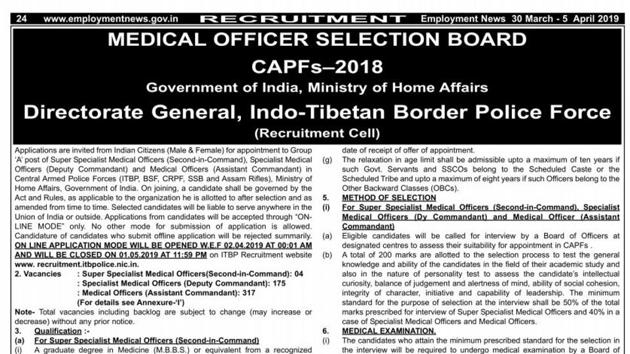 ITBP Medical Officers Recruitment: Indo-Tibetan Border Police Force (ITBP) has issued notification to recruit 496 medical officers in Central Armed Police Forces (ITBP, BSF, CRPF, SSB and Assam Rifles) .