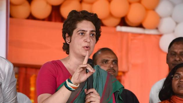 Congress General Secretary Priyanka Gandhi Vadra at a public rally during her party's campaign for the upcoming Lok Sabha elections in UP, at Sirsa village in Prayagraj .(PTI)