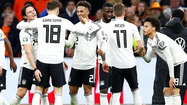 Germany's Thilo Kehrer, Leroy Sane and team mates celebrate after the match.(REUTERS)