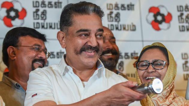 Kamal Haasan, the president of Makkal Needhi Maiam (MNM), will not contest the Lok Sabha election 2019, saying all the candidates of his party are his faces. Haasan said this on Sunday night while introducing the MNM’s candidates and releasing the party’s election manifesto in Coimbatore. (PTI File) Kamal Haasan, the president of Makkal Needhi Maiam (MNM), will not contest the Lok Sabha election 2019, saying all the candidates of his party are his faces. Haasan said this on Sunday night while introducing the MNM’s candidates and releasing the party’s election manifesto in Coimbatore. (PTI File)