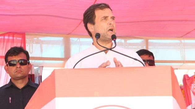 Rahul Ganghi at a rally in Sriganganagar, Rajastan, on Tuesday.(Congress/Twitter)