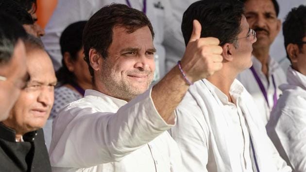 Congress president Rahul Gandhi during a public meeting, ahead of the Lok Sabha elections, in Bundi district, Tuesday, March 26, 2019.(PTI file photo)
