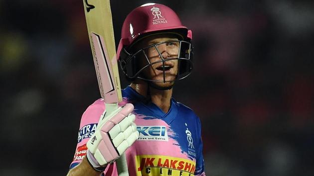 Rajasthan Royals' Jos Buttler reacts as he walks back to the pavilion.(AFP)