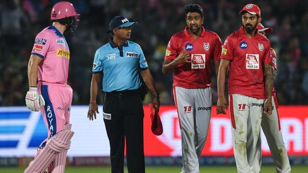 Jos Buttler was on his way to a great century, but Kings XI Punjab’s captain Ravichandran Ashwin noticed that Buttler was backing up too far at the non-striker’s end.(AFP)