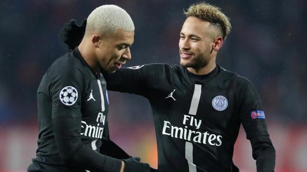 Paris St Germain's Kylian Mbappe with Neymar after the match. (REUTERS) Paris St Germain's Kylian Mbappe with Neymar after the match. (REUTERS)