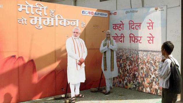 Cut-outs of PM Narendra Modi and party national president Amit Shah outside the BJP office in Patna. (Santosh Kumar / HT Photo) Cut-outs of PM Narendra Modi and party national president Amit Shah outside the BJP office in Patna. (Santosh Kumar / HT Photo)