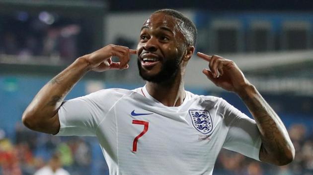 England's Raheem Sterling celebrates scoring their fifth goal against Montenegro.(Reuters) England's Raheem Sterling celebrates scoring their fifth goal against Montenegro.(Reuters)
