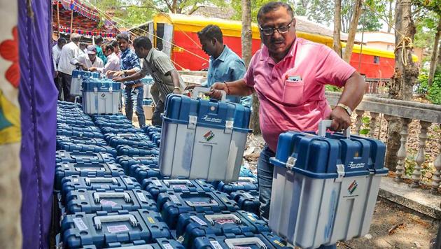 Election officials arrange the Verified Paper Audit Trail (VVPAT) to be carried to different constituencies ahead of the Lok Sabha elections 2019(PTI photo)