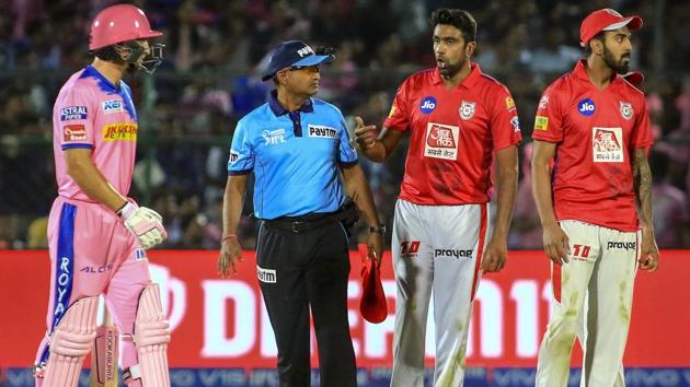 Jaipur: Rajasthan Royals batsman Jos Butler reacts after being 'Mankaded' by Kings XI Punjab captain R Ashwin during the Indian Premier League (IPL T20 2019) cricket match at Sawai Mansingh Stadium, in Jaipur, Monday, March 25, 2019(PTI)
