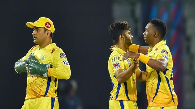 CSK Bowler Dwayne Bravo celebrates the wicket of Rishabh Pant with his teammate during the Indian Premier League (IPL T20 2019) match between Chennai Super Kings (CSK) and Delhi Capital (DC)(PTI)