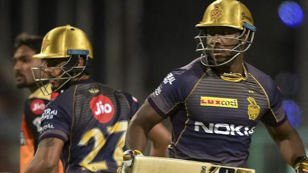 Kolkata Knight Riders Nitish Rana and Andre Russell run between the wickets. (PTI) Kolkata Knight Riders Nitish Rana and Andre Russell run between the wickets. (PTI)