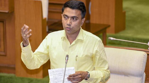 Goa chief minister Pramod Sawant delivers a speech during a confidence motion held at a special session in Goa State Legislative Assembly, in Panaji on March 20.(PTI Photo)