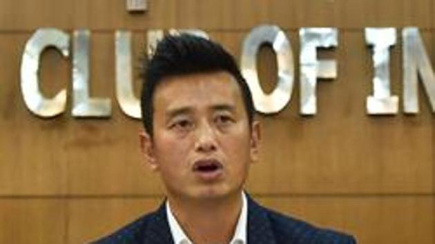 New Delhi: Former Indian football team captain Bhaichung Bhutia speaks during the launch of his political party 'Hamro Sikkim' during a press conference in New Delhi on Thursday.(PTI)