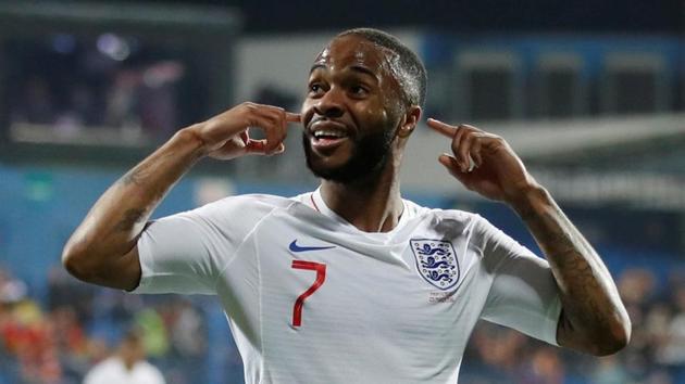 Soccer Football - Euro 2020 Qualifier - Group A - Montenegro v England - Podgorica City Stadium, Podgorica, Montenegro - March 25, 2019 England's Raheem Sterling celebrates scoring their fifth goal Action Images via Reuters/Carl Recine (Action Images via Reuters) Soccer Football - Euro 2020 Qualifier - Group A - Montenegro v England - Podgorica City Stadium, Podgorica, Montenegro - March 25, 2019 England's Raheem Sterling celebrates scoring their fifth goal Action Images via Reuters/Carl Recine (Action Images via Reuters)