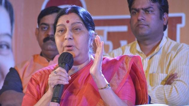 Union minister Sushma Swaraj sought votes for BJP’s Ghaziabad candidate VK Singh at an event on March 26, 2019. (Sakib Ali / HT Photo) Union minister Sushma Swaraj sought votes for BJP’s Ghaziabad candidate VK Singh at an event on March 26, 2019. (Sakib Ali / HT Photo)