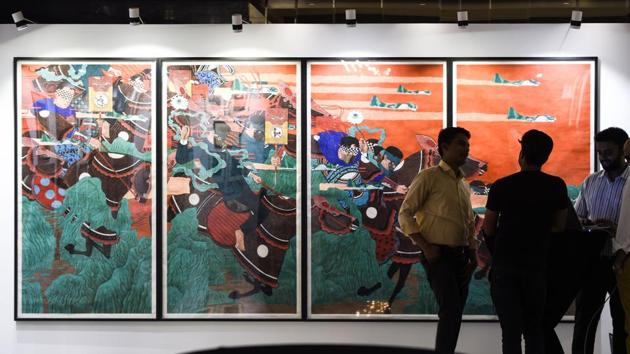 Sixty eight artworks from the collection of Nirav Modi, the billionaire jeweller accused of fraud and currently under arrest in London, went under the hammer on Tuesday. The sale, conducted by a Mumbai-based auction house on behalf of the Tax Recovery Officer of the IT Department, included a large collection of modern and contemporary Indian paintings, and a clutch of contemporary Chinese works. (Indranil Mukherjee / AFP) Sixty eight artworks from the collection of Nirav Modi, the billionaire jeweller accused of fraud and currently under arrest in London, went under the hammer on Tuesday. The sale, conducted by a Mumbai-based auction house on behalf of the Tax Recovery Officer of the IT Department, included a large collection of modern and contemporary Indian paintings, and a clutch of contemporary Chinese works. (Indranil Mukherjee / AFP)