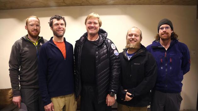 Professor John All, center, of Western Washington University, and his team pose for the photograph at a hotel before leaving for Everest region, in Kathmandu, Nepal on March 27.(AP Photo)