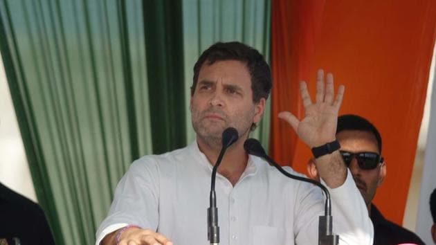 Congress president Rahul Gandhi speaks during a public rally, ahead of Lok Sabha polls, at Bundi, Rajasthan on March 26.(HT Photo)