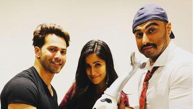 Katrina Kaif, Varun Dhawan and Arjun Kapoor pose with their ‘Dalmatian trophy’.(Instagram)