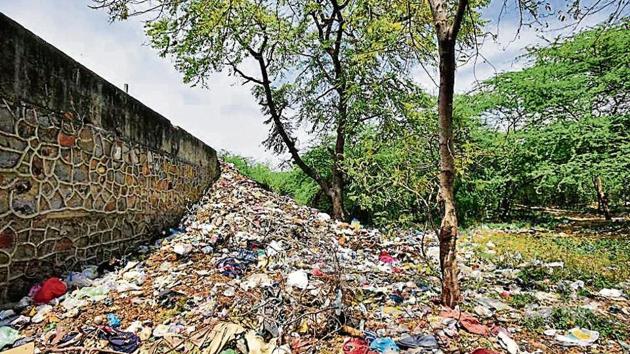 A pile of garbage (top) and the remains of a felled tree (right) inside Jahanpanah City Forest in south Delhi.(Burhaan Kinu/HT Photo) A pile of garbage (top) and the remains of a felled tree (right) inside Jahanpanah City Forest in south Delhi.(Burhaan Kinu/HT Photo)