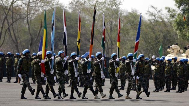 Contingents from 17 African nations - Benin, Botswana, Egypt, Ghana, Kenya, Mauritius, Mozambique, Namibia, Niger, Nigeria, Senegal, South Africa, Sudan, Tanzania, Uganda, Zambia and Zimbabwe - along with a contingent of the Maratha Light Infantry (Jangi Paltan) representing India, have come together for the first edition of this training exercise. (RAHUl RAUT/HT PHOTO) 