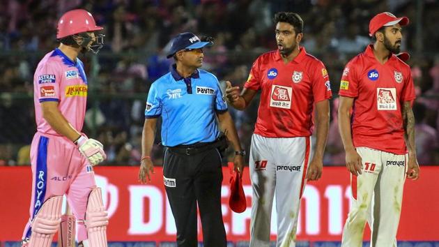 Rajasthan Royals batsman Jos Butler reacts after being 'Mankaded' by Kings XI Punjab captain R Ashwin.(PTI)