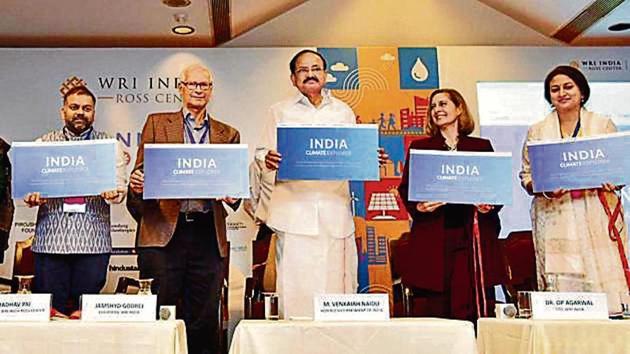 Vice-president Venkaiah Naidu releases a booklet on Climate Explorer on Day 1 of ‘Connect Karo’, organised by WRI India, on Thursday.(PIB)