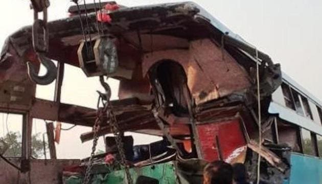 Eight people died and 30 were injured after a bus rammed into a truck on Yamuna Expressway in Greater Noida.(ANI photo)