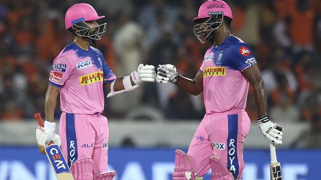 Rajasthan Royal's Ajinkya Rahane, left, and Sanju Samson greet each other. (AP)
