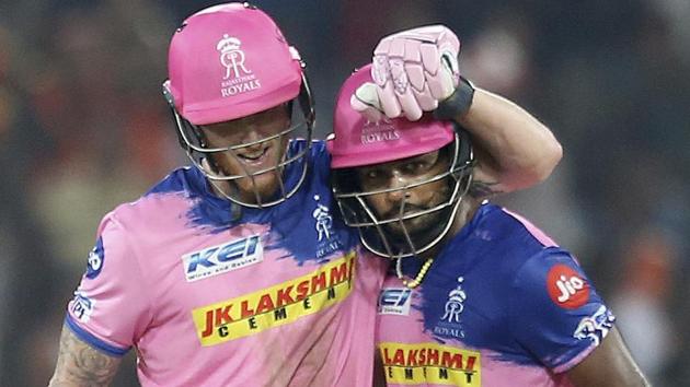 Rajasthan Royal's Ben Stokes, left, congratulates teammate Sanju Samson on scoring a century. (AP)