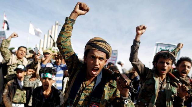Supporters of the Houthi movement shout slogans as they attend a rally to mark the 4th anniversary of the Saudi-led military intervention in Yemen’s war, in Sanaa, Yemen. (Khaled Abdullah / REUTERS) Supporters of the Houthi movement shout slogans as they attend a rally to mark the 4th anniversary of the Saudi-led military intervention in Yemen’s war, in Sanaa, Yemen. (Khaled Abdullah / REUTERS)