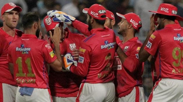 Kings XI Punjab's players celebrate the dismissal of Kolkata Knight Riders' Chris Lynn.(AP)