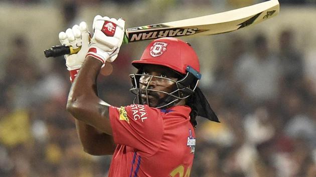 Kings XI Panjab batsman Chris Gayle plays a shot.(PTI)