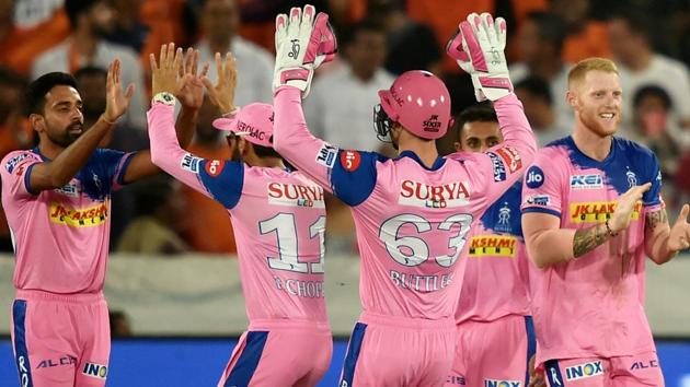 Rajasthan Royals (RR) bowler BA Stokes jubilate with his teammates. (PTI)