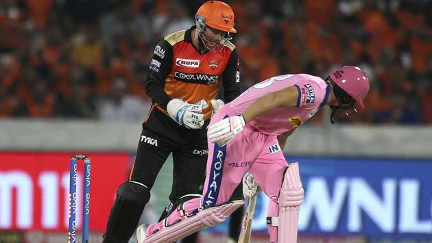 Sunrisers Hyderabad wicketkeeper Jonny Bairstow, left, celebrates the dismissal of Rajasthan Royals Jos Buttler. (AP)