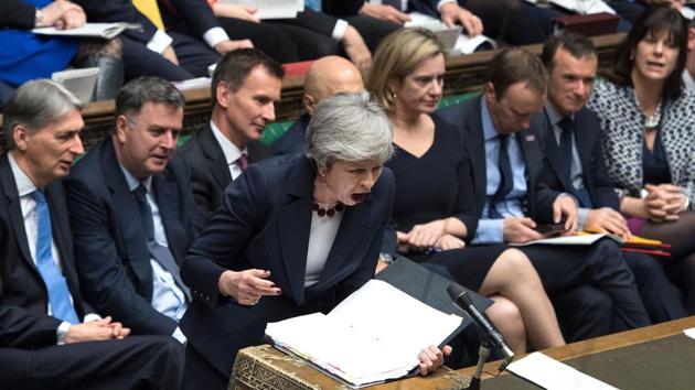 Britain’s Prime Minister Theresa May speaks during the weekly Prime Minister’s Questions (PMQs) question and answer session in the House of Commons in London, England. May had pledged to step down if MPs back her EU divorce deal, in a bid to break the Brexit deadlock in Britain's fractured parliament. (Jessica Taylor / AFP) Britain’s Prime Minister Theresa May speaks during the weekly Prime Minister’s Questions (PMQs) question and answer session in the House of Commons in London, England. May had pledged to step down if MPs back her EU divorce deal, in a bid to break the Brexit deadlock in Britain's fractured parliament. (Jessica Taylor / AFP)