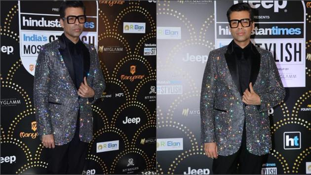 Karan Johar’s bling jacket looks like a cluster of stars blended with fashion. Spotted at HT India’s Most Stylish 2019. (varinder Chawla) Karan Johar’s bling jacket looks like a cluster of stars blended with fashion. Spotted at HT India’s Most Stylish 2019. (varinder Chawla)
